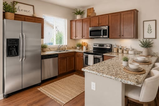 A kitchen with a granite countertop and stainless steel appliances.