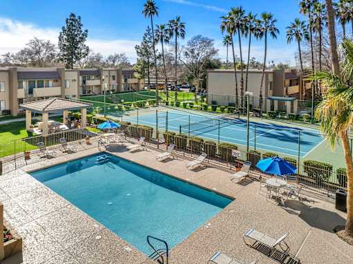 A pool surrounded by palm trees and a tennis court.