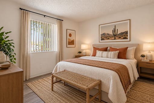 A bedroom with a bed, nightstand, and a painting of a cactus on the wall.