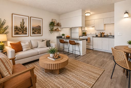 A living room with a couch, coffee table, and a kitchen area in the background.