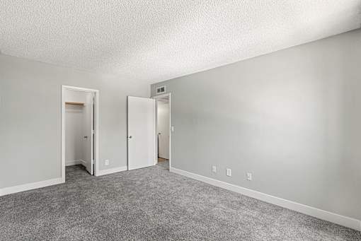 A room with grey carpet and white walls with two open doors.