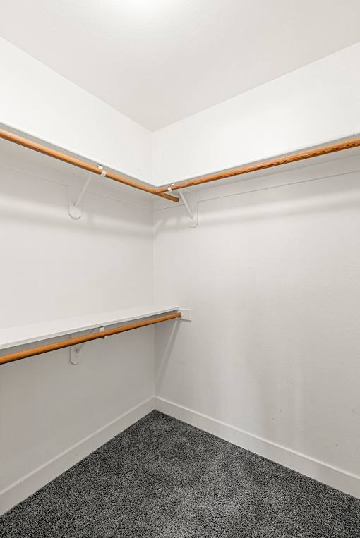 A white wall with a brown shelf and a grey carpet.