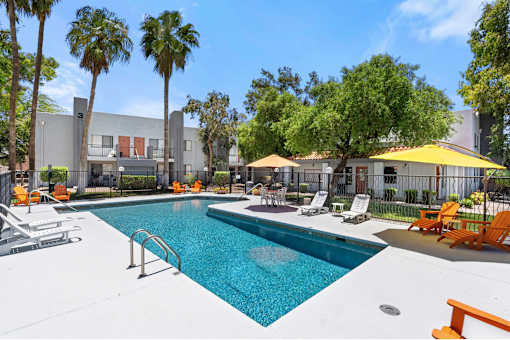 A swimming pool surrounded by palm trees and lounge chairs.