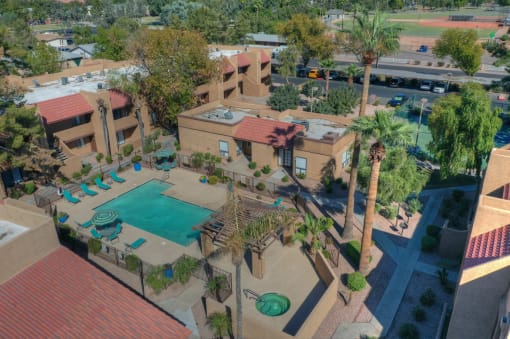Aerial Pool (2) at Avenue 8 Apartments in Mesa AZ Nov 2020