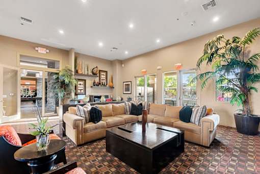 A living room with a couch, coffee table, and potted plants.