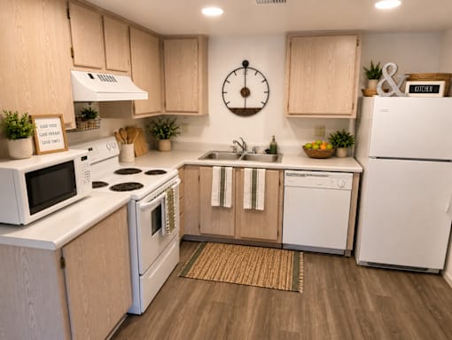 A kitchen with white appliances and wooden cabinets.
