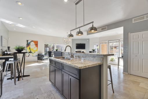 Clubhouse kitchen at Avenue 8 Apartments in Mesa AZ Nov 2020