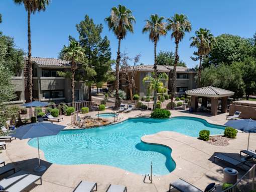 A swimming pool surrounded by palm trees and lounge chairs.