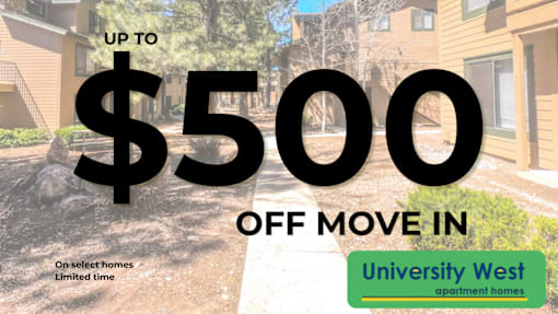A promotional image for University West apartment homes offering up to $500 off move in.