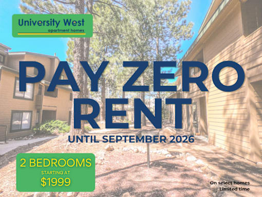 A promotional image for University West apartment homes advertising a pay zero rent offer.