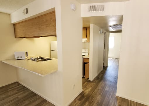 Kitchen and hallway at University Park in Tempe AZ August 2020