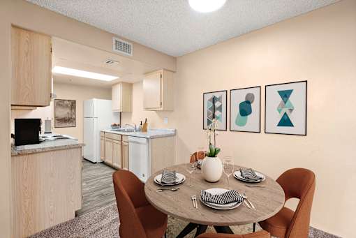 Dining and kitchen area at Silver Cliffs Apartments in Bullhead City Arizona