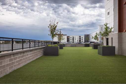 A grassy area with planters and a building in the background.