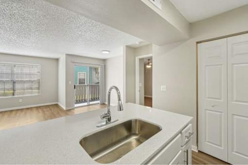 A kitchen with a sink and a window.