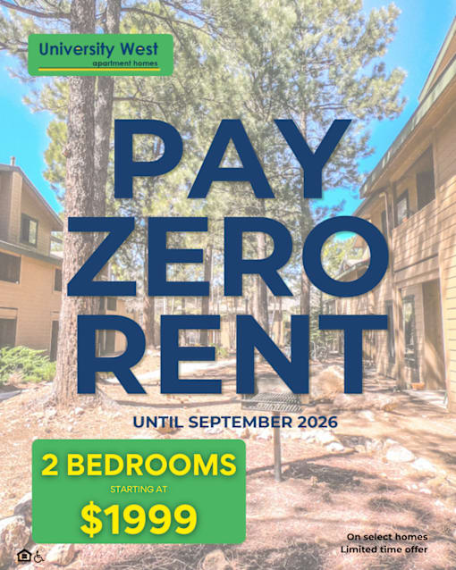 A promotional image for University West apartment homes advertising a pay zero rent offer.