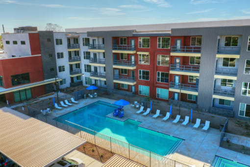 Pool aerial view at V on Broadway Apartments in Tempe AZ November 2020