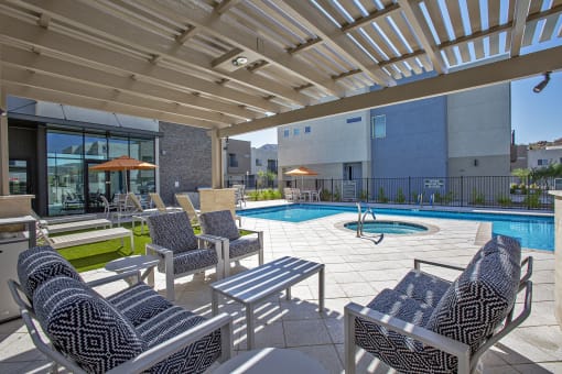 Pool patio at Senderos at South Mountain in Phoenix AZ September 2020