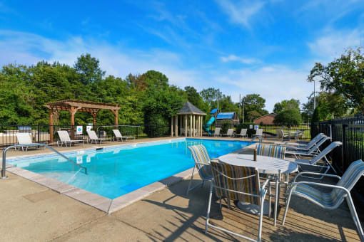Pool seating at Laurel Valley Apartments in Mount Juliet Tennessee March 2021