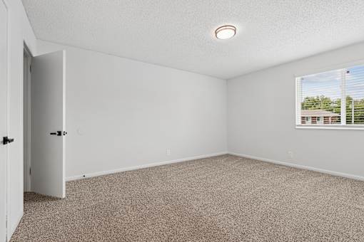 A room with a carpeted floor and a window showing a view of a house.