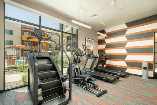 A gym with treadmills, elliptical machines and a striped wall.