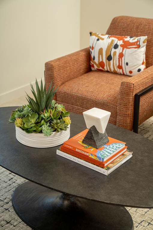 A chair with a pillow and a plant on a table.