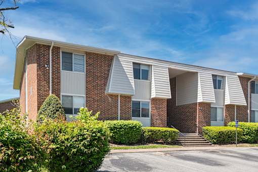 A row of townhouses with a clear blue sky above.
