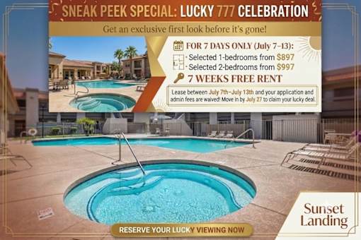 A promotional image for a sneak peek special at Sunset Landing, offering a first look at a property with a pool and a special rate for a limited time.