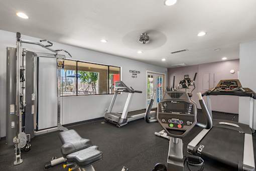 A gym with a treadmill, a stationary bike, and a weight machine.