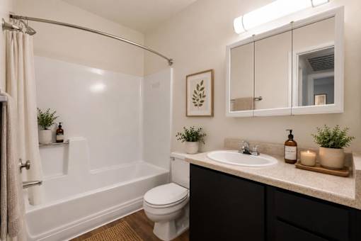 A bathroom with a white tub, toilet, and sink.