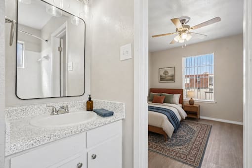 A bathroom with a white sink and a mirror above it.