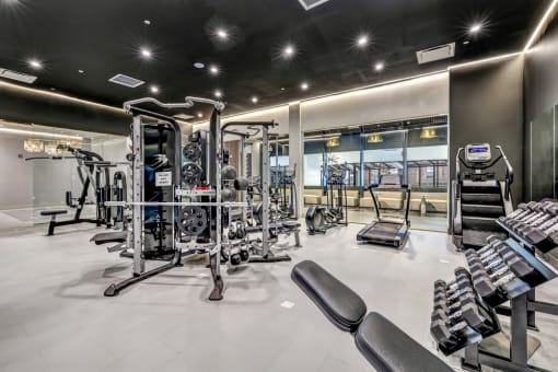 a gym with weights and cardio equipment at the mansion at Up House, Farmington, CT