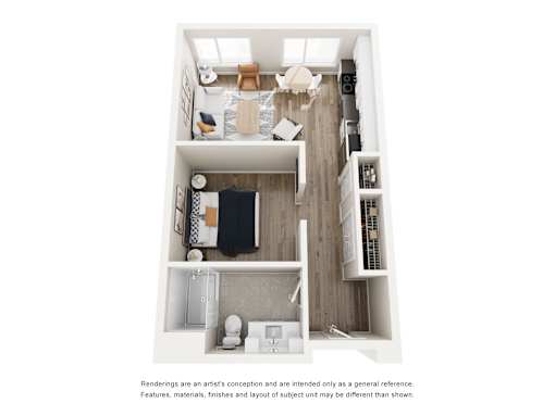 A top-down view of a small apartment with a kitchen, living room, and bedroom.