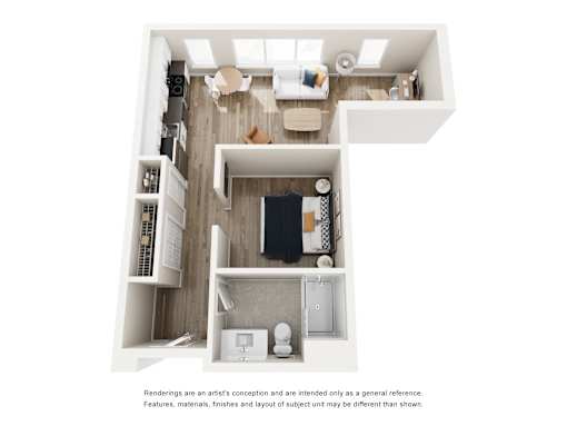 A white model of a house with a kitchen, living room, and bathroom.