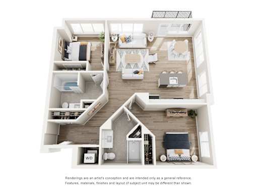 A floor plan of a house with a living room, kitchen, and two bedrooms.