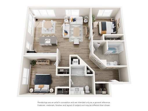 A floor plan of a house with a kitchen, living room, bedrooms and bathrooms.