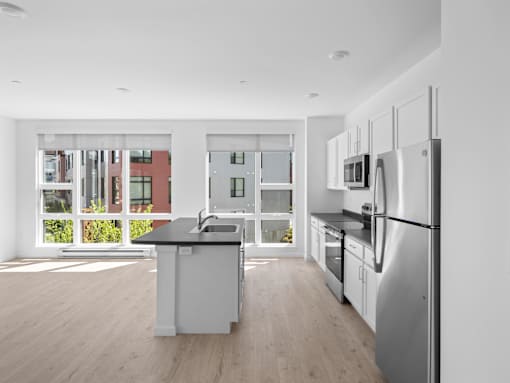 A modern kitchen with stainless steel appliances and a view of a building outside the window.