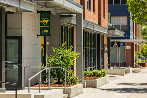 The entrance to a building with a sign that reads "Construction 268".