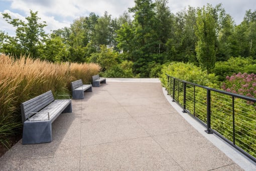 a series of benches sit on a concrete platform with a black railing