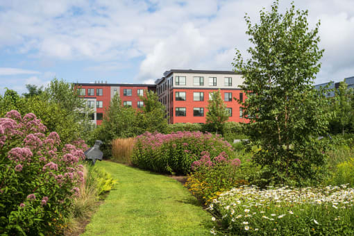 a garden with flowers and trees in front of a building