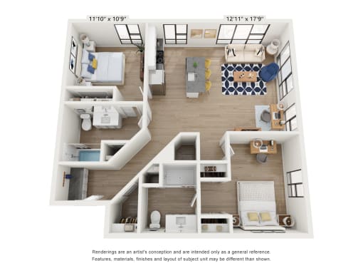 a stylized floor plan with a bedroom and living room