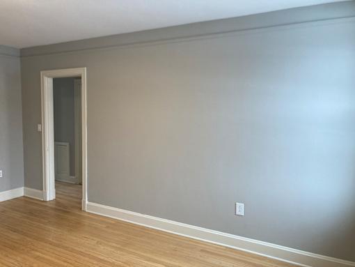 A room with a wooden floor and a white door.