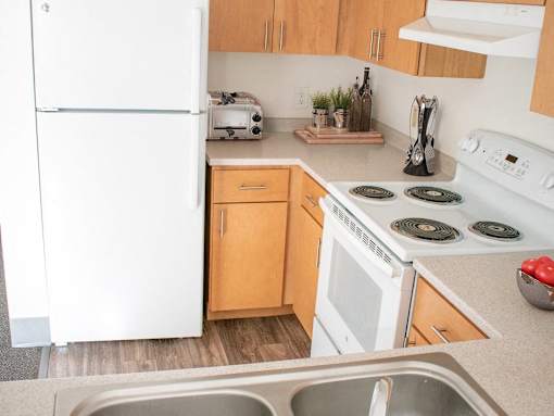 a kitchen with a stove and a refrigerator