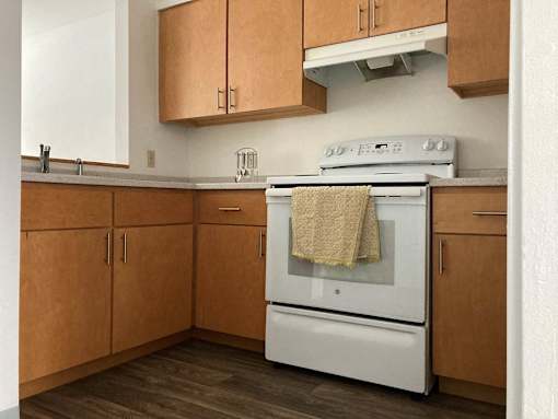 a kitchen with a stove and a towel on the oven