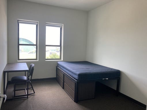 a patient room with a bed and a desk and two windows