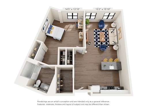 A floor plan of a two-bedroom apartment with a living room, kitchen, and bathroom.