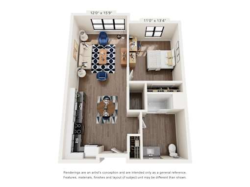 A floor plan of a small apartment with a kitchen, living room, and bedroom.