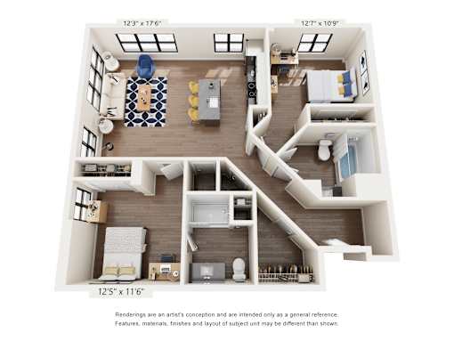 A floor plan of a two-story home with a living room, kitchen, and bedrooms.