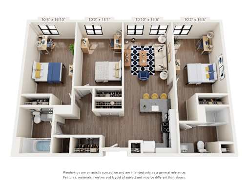 A floor plan of a two-bedroom apartment with a kitchen and living room.