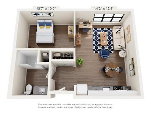A floor plan of a small apartment with a bedroom, living room, kitchen, and bathroom.