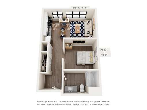 A floor plan of a small apartment with a kitchen, living room, and bathroom.